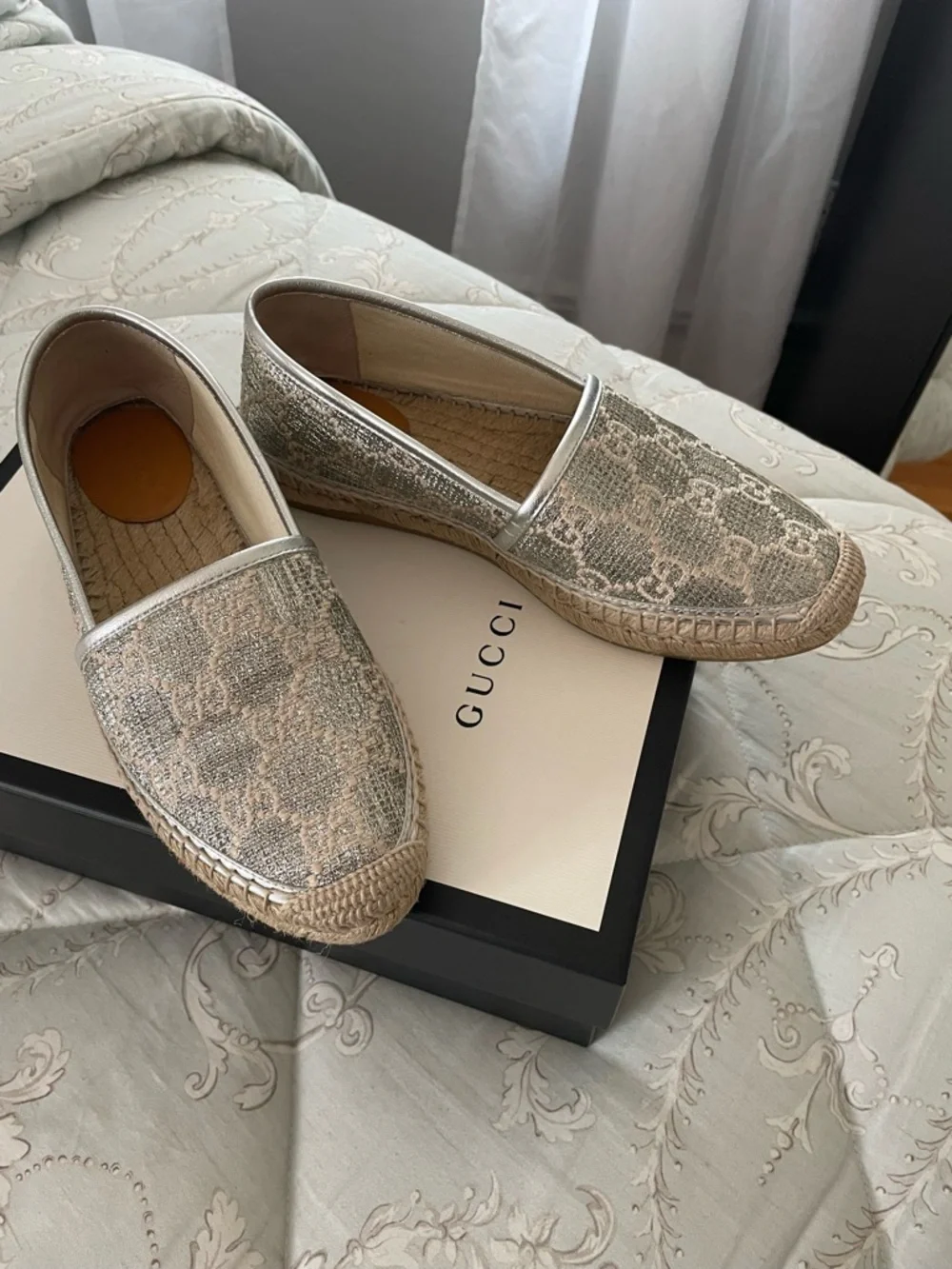 Gucci Silver/Beige Monogram Espadrilles